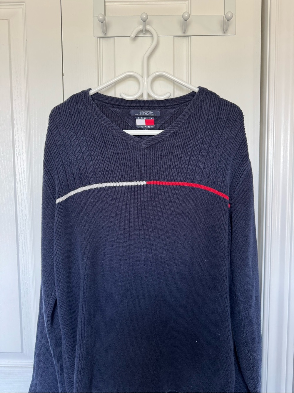 Vintage Tommy Hilfiger Navy V-Neck Sweater with White and Red Stripe